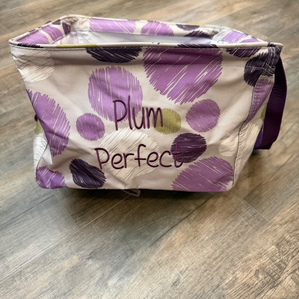 Thirty-One Square Utility Tote Purple Polka Dot Plum Perfect Embroidery Organize